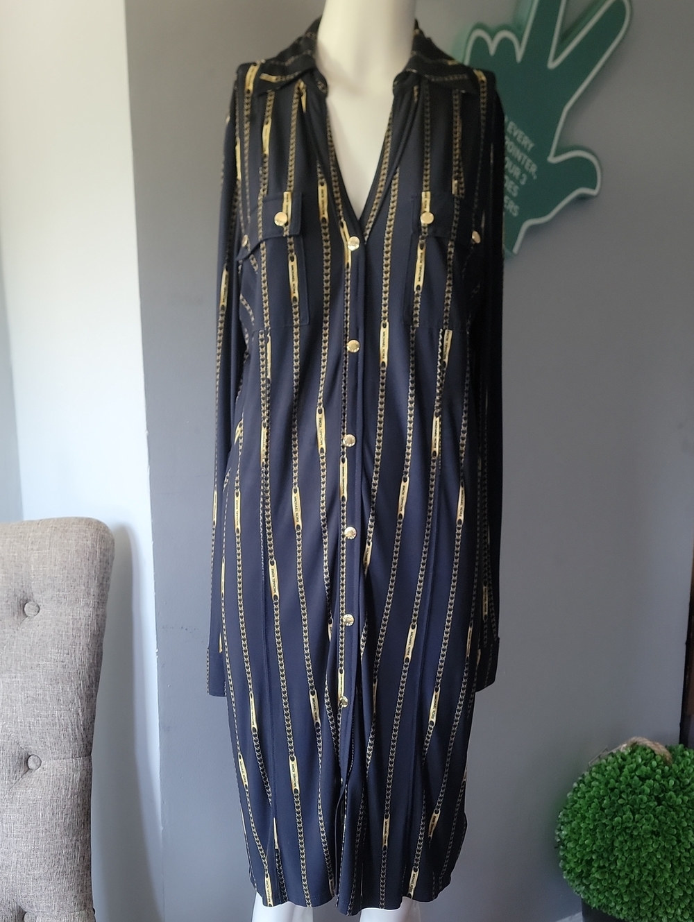 Michael Kors!!! Deep Blue Long Sleeve Collared Button-Front Midi Dress • Size MP